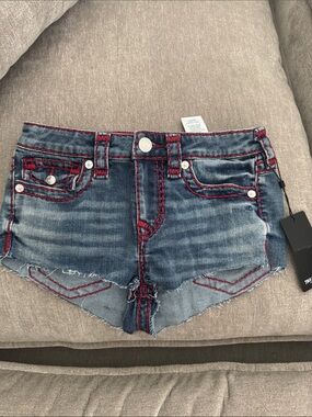 True Religion Women's Blue Denim Cutoff Shorts with Red Stitching